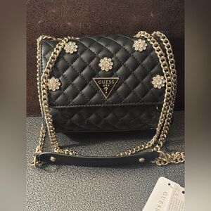 GUESS Black Quilted with Flower Accents Crossbody Bag with Gold Chain